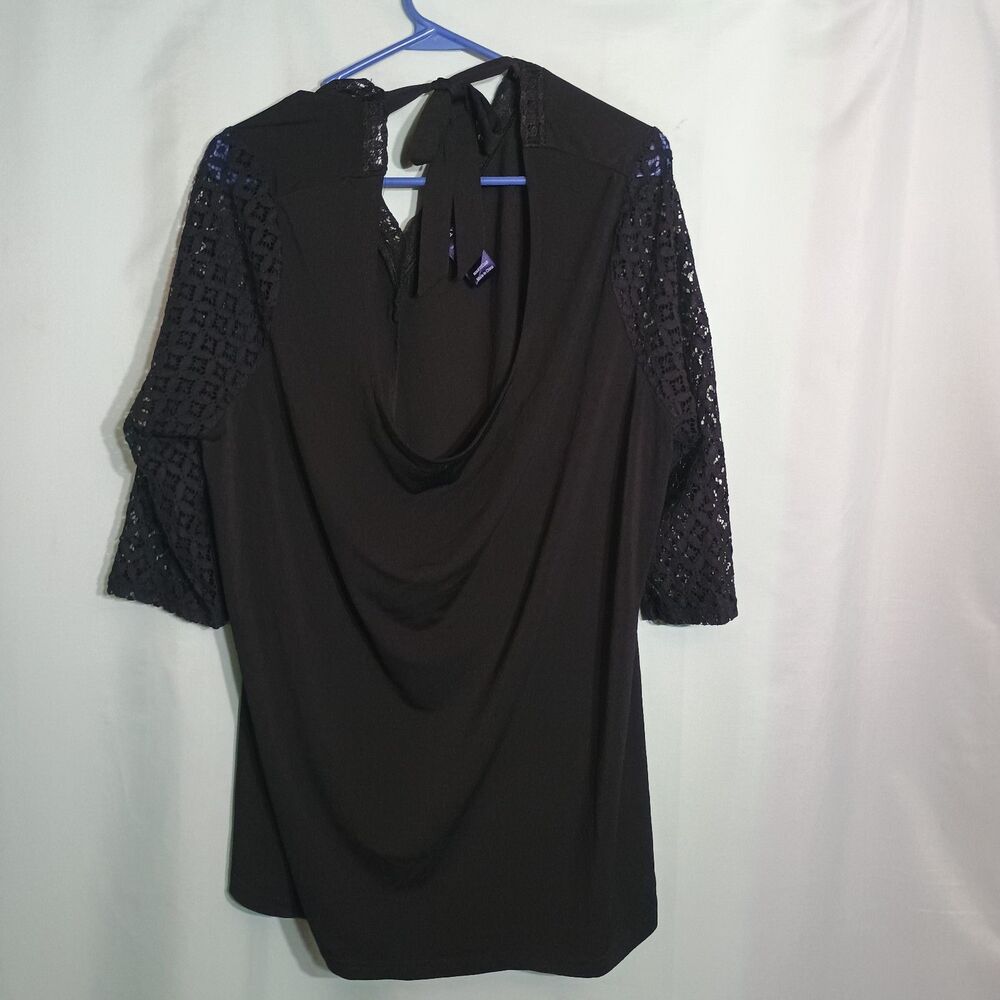 Black Cowl Neck Blouse Sequin Lace 3/4 Sleeve Tie Back Dressy Evening Top